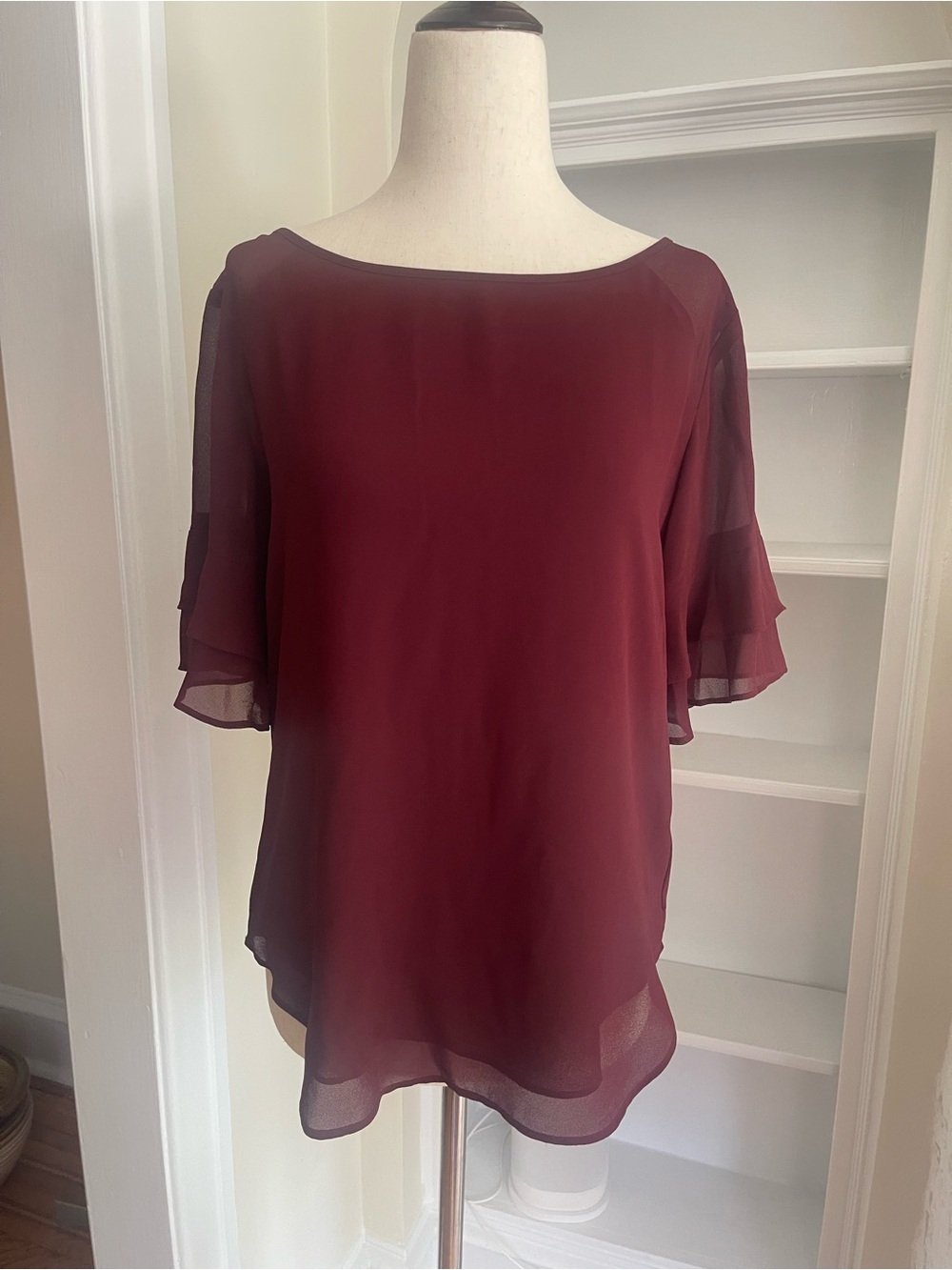 Ann Taylor Burgundy Layered Ruffle Sleeve Blouse